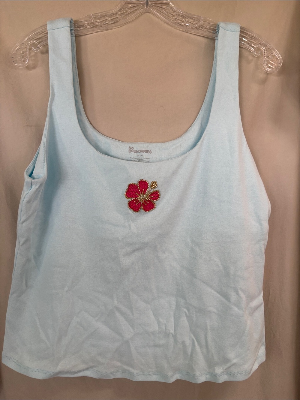 No Boundaries Light Blue Tank Top with Pink Flower Embroidery XXL